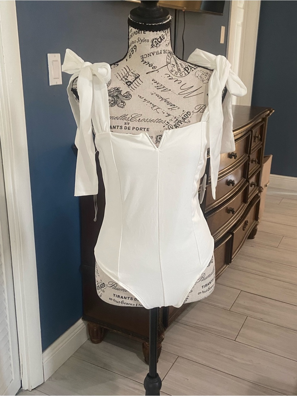 Pink Rose White Tie-Shoulder Sweetheart Bodysuit
